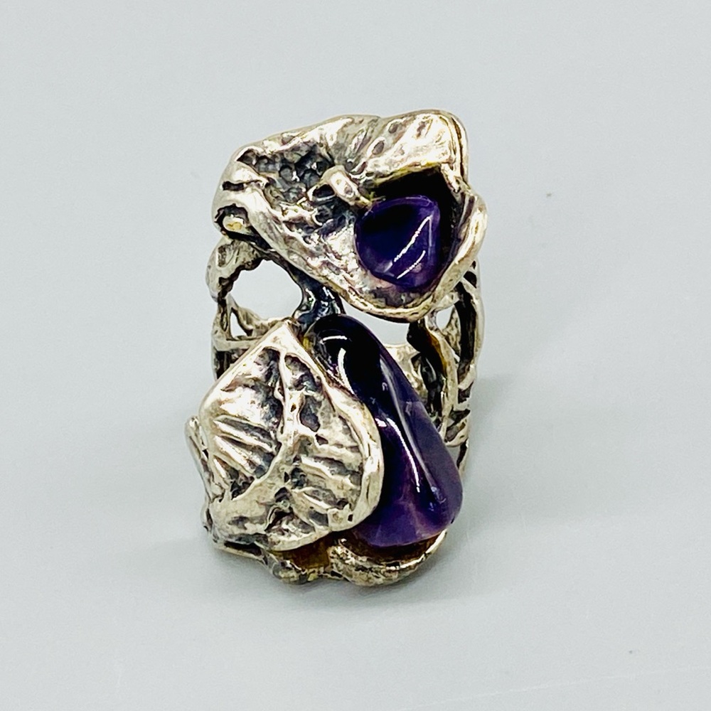 Vintage Brutalist Sterling Silver Amethyst Ring OOAK Design Modernist 1970’s